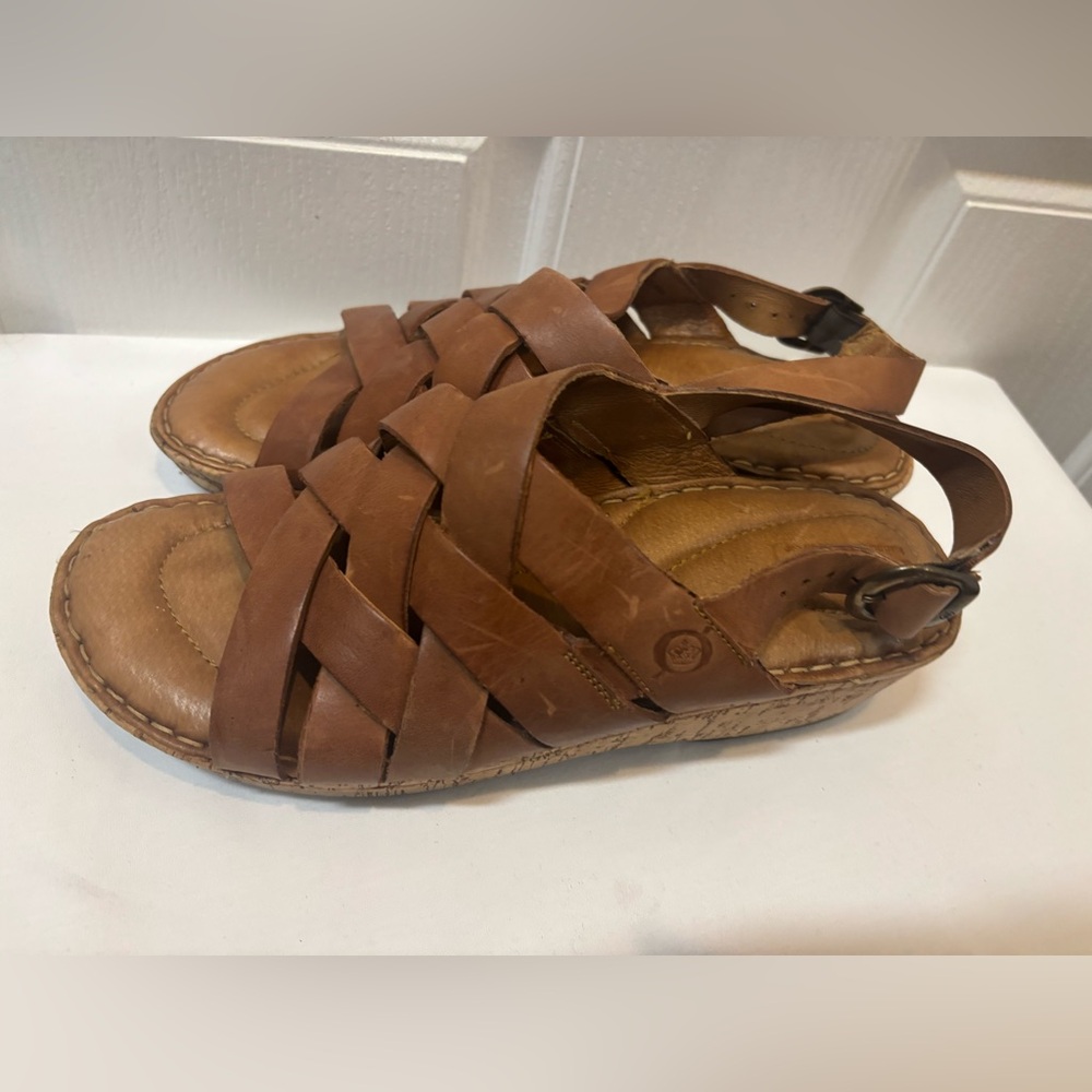 Børn Women’s Tan Leather Cork Wedge Sandals Size 8 Comfort Slingback Crisscross
